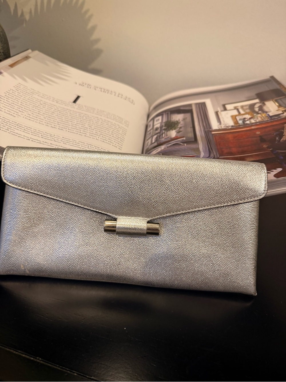 Stuart Weitzman Metallic Silver Envelope Clutch with Bar Detail